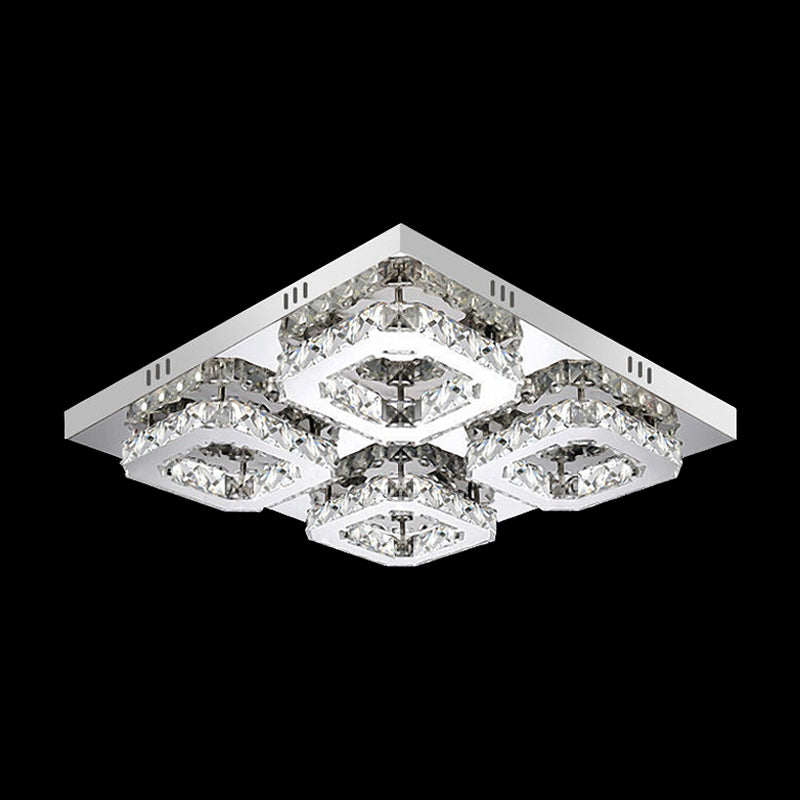 Modern Style Chrome Flush Ceiling Light With Faceted Crystal - Block Flushmount Lighting