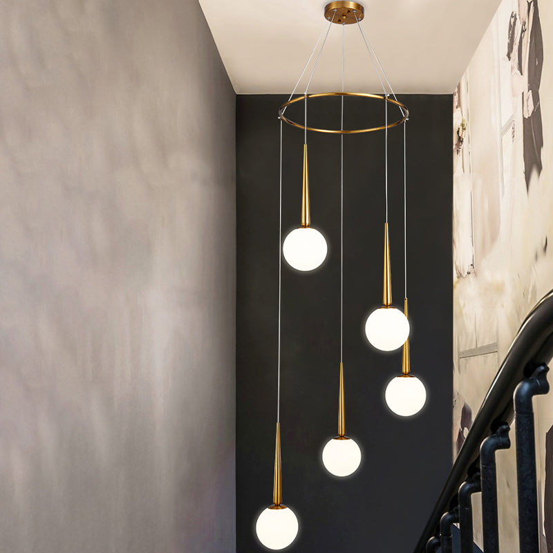 Modern Milky Glass Ball Cluster Pendant Light With Metal Ring Top 5 / Gold
