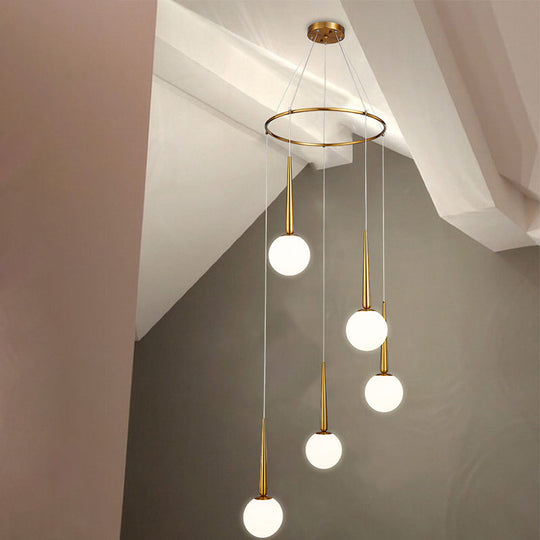 Modern Milky Glass Ball Pendant Light Fixture With Metal Ring Top
