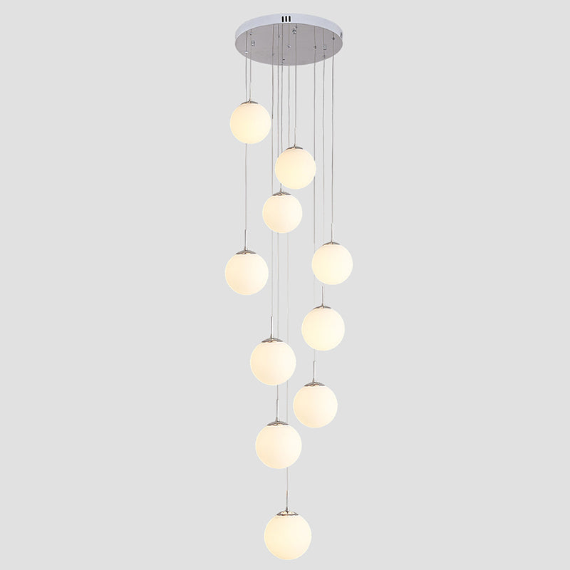 10-Head Staircase Pendant Light: Elegant Silver Drop Lamp With Cream Glass Shade