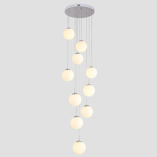 10-Head Staircase Pendant Light: Elegant Silver Drop Lamp With Cream Glass Shade