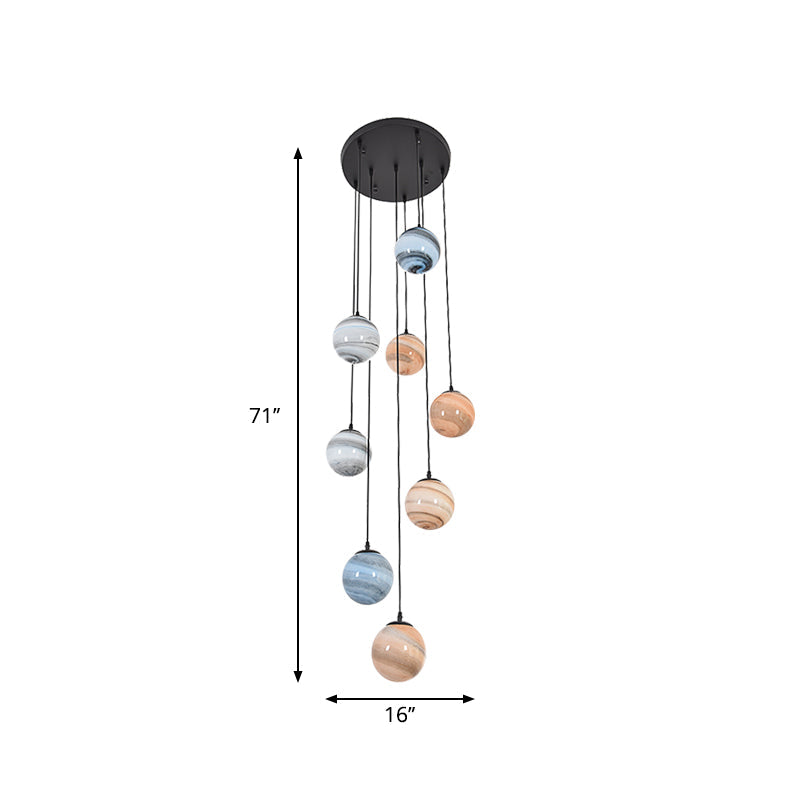 Modern Textured Glass Multi-Light Pendant For Stairs - Black Suspension Lighting Fixture