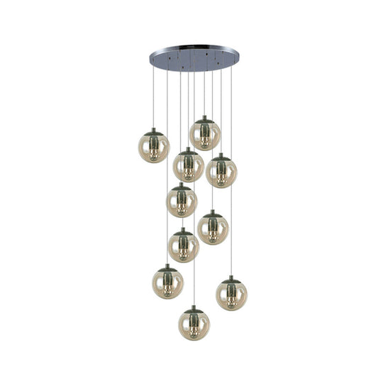 Cognac Glass Globe Pendant Light With 10-Lights For Stairs Or Ceiling