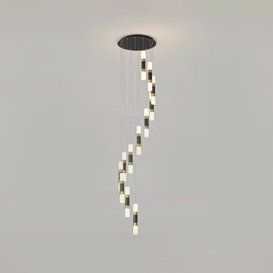 Contemporary Metal Tubular 12-Head Pendant Light Fixture In Black And White With Spiral Design