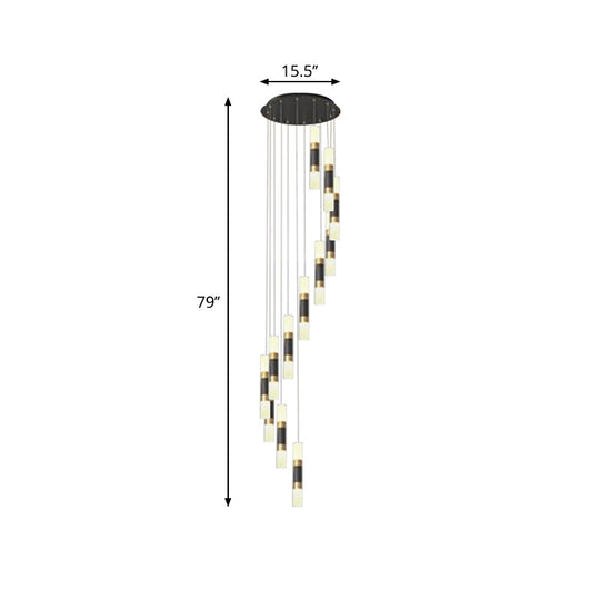 Contemporary Metal Tubular 12-Head Pendant Light Fixture In Black And White With Spiral Design