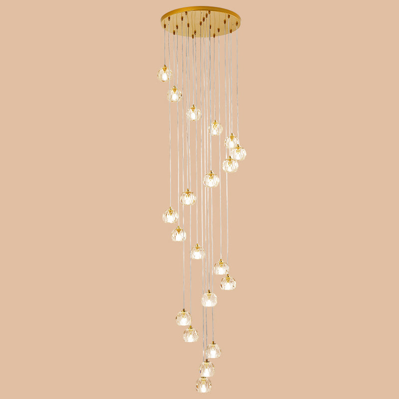 Modern Gold Spiral Design Glass Pendant Light For Stairs - Multi-Pendant Ball Clear Pendulum