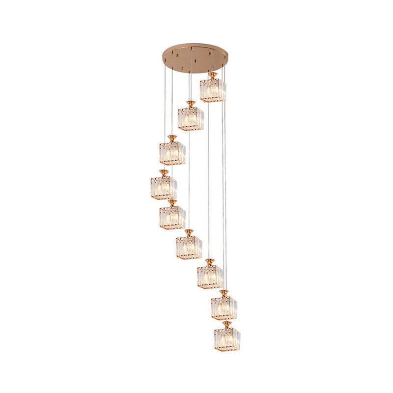 Beveled Crystal Cubic Pendant Suspension Light With Contemporary Swirl Design