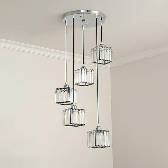 Beveled Crystal Cubic Pendant Suspension Light With Contemporary Swirl Design