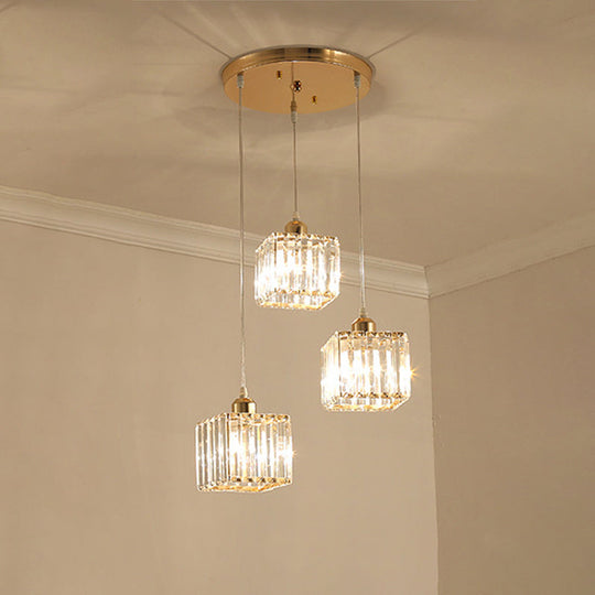 Beveled Crystal Cubic Pendant Suspension Light With Contemporary Swirl Design 3 / Gold