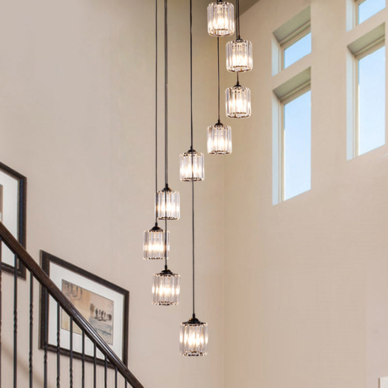 Clear Crystal Black Cylinder Cluster Pendant Light - Minimalist Stair Drop Lamp
