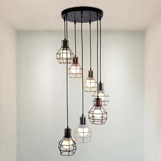 Modern Metal 7-Light Pendant Lamp In Black - Globe Cage Design Perfect For Stairs And Ceilings 7 /