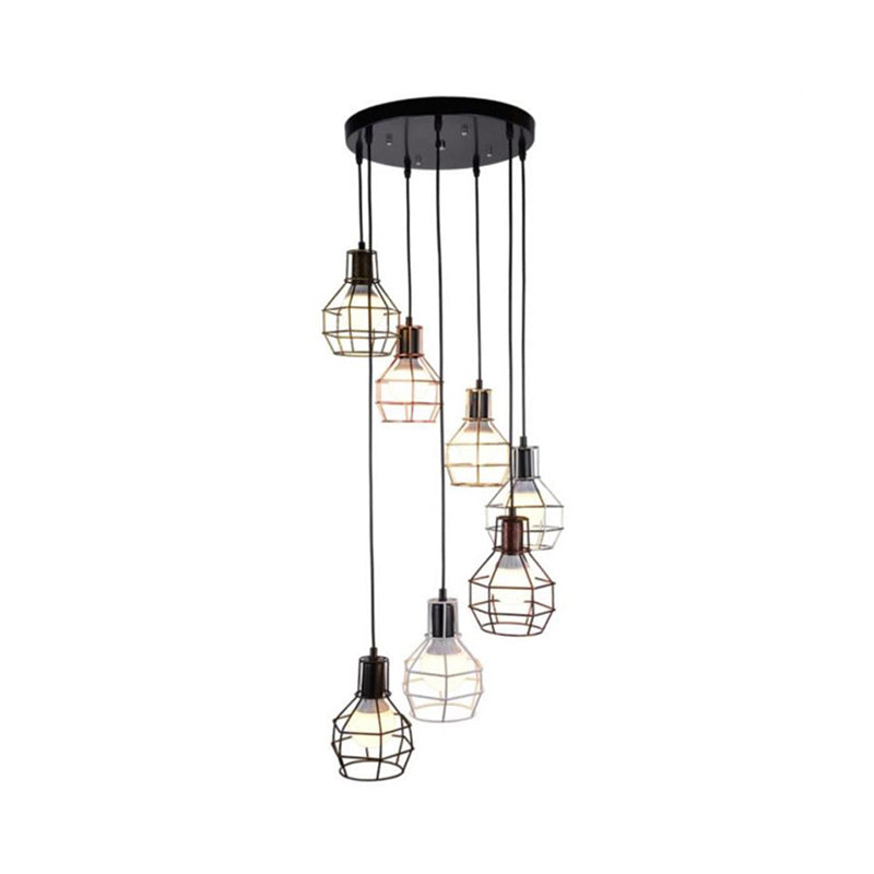 Modern Metal 7-Light Pendant Lamp In Black - Globe Cage Design Perfect For Stairs And Ceilings