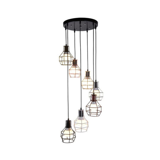Modern Metal 7-Light Pendant Lamp In Black - Globe Cage Design Perfect For Stairs And Ceilings