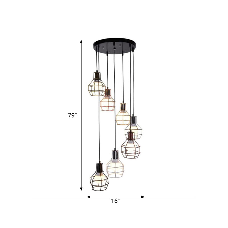 Modern Metal 7-Light Pendant Lamp In Black - Globe Cage Design Perfect For Stairs And Ceilings