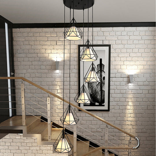 Black Diamond Cage Multi-Pendant Metal Light Kit - 6 Lights & Inner Fabric Shade Great For Corridors