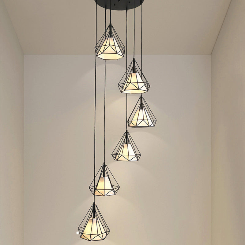 Black Diamond Cage Multi-Pendant Metal Light Kit - 6 Lights & Inner Fabric Shade Great For Corridors