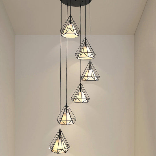 Black Diamond Cage Multi-Pendant Metal Light Kit - 6 Lights & Inner Fabric Shade Great For Corridors