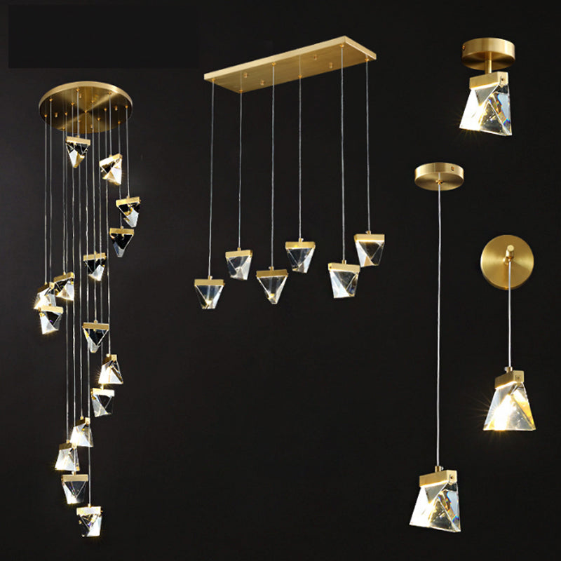 Contemporary Crystal Cluster Pendant For Stairs - Clear Triangle Spiral Hanging Light