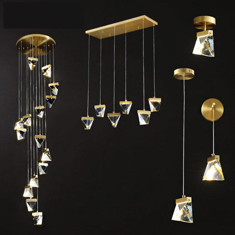 Contemporary Crystal Cluster Pendant For Stairs - Clear Triangle Spiral Hanging Light