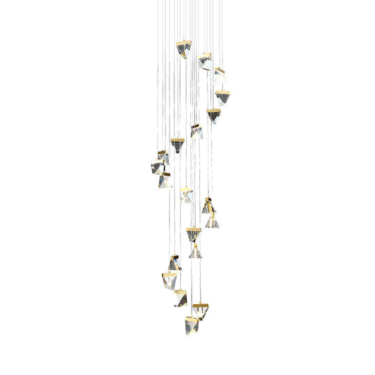 Contemporary Crystal Cluster Pendant For Stairs - Clear Triangle Spiral Hanging Light