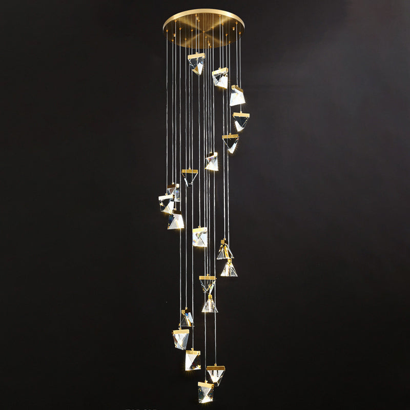 Contemporary Crystal Cluster Pendant For Stairs - Clear Triangle Spiral Hanging Light