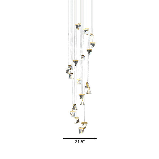 Contemporary Crystal Cluster Pendant For Stairs - Clear Triangle Spiral Hanging Light
