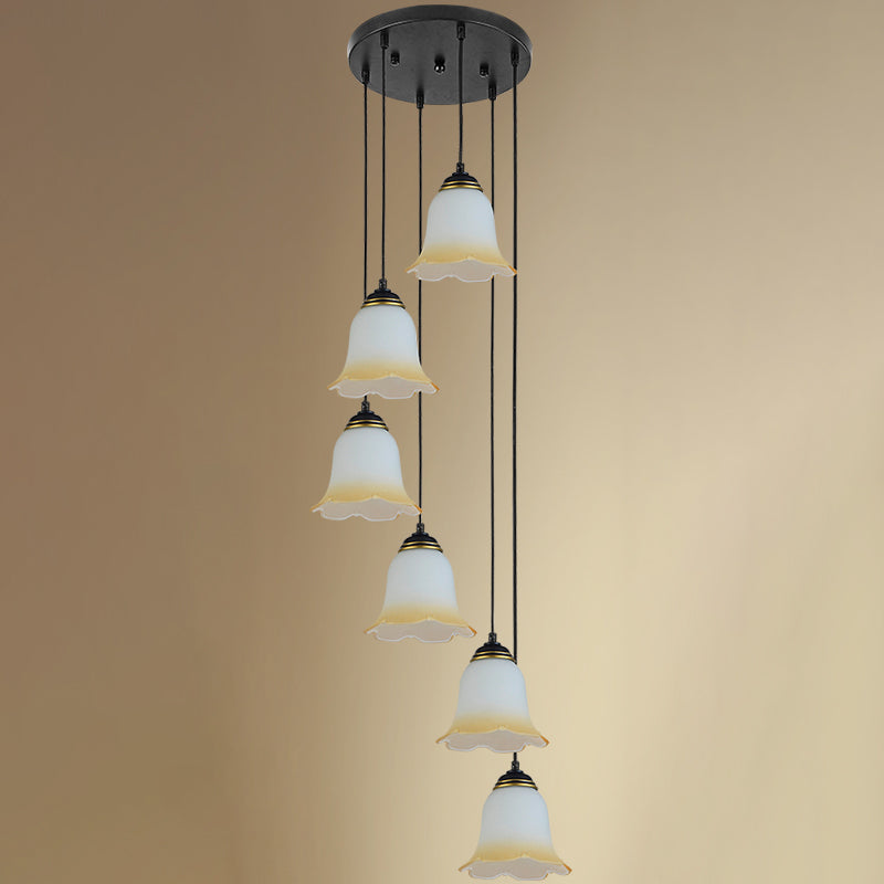 Black Minimalist Flower Stairs Multi-Pendant Light With Frosted Glass And Round Canopy