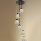 Black Minimalist Flower Stairs Multi-Pendant Light With Frosted Glass And Round Canopy