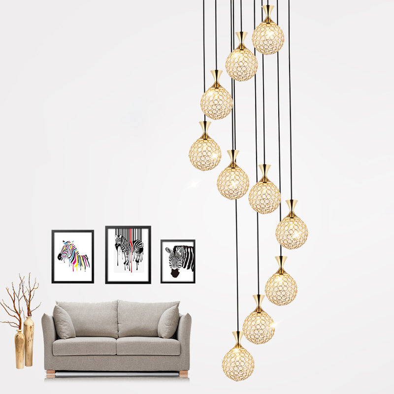 Modern Crystal Embedded Ball Spiral Pendant Light - 10-Light Cluster Hanging Fixture