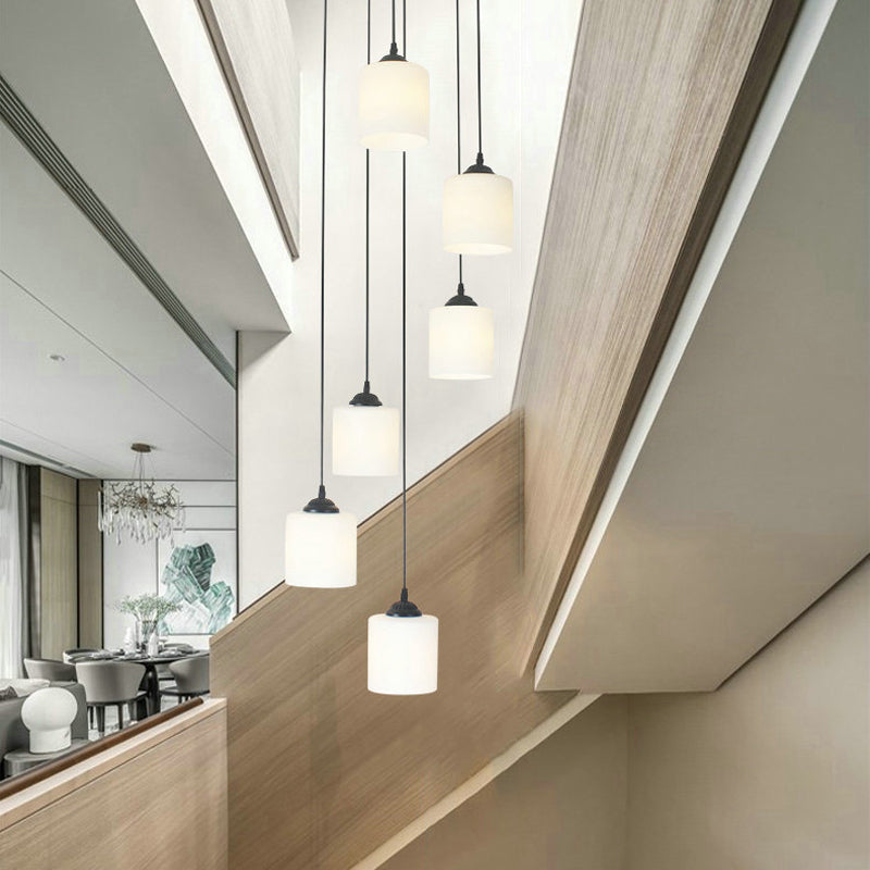 Opal Glass Stairs Pendulum Light: Modernist Cylinder Cluster Pendant In Black 6 / White A