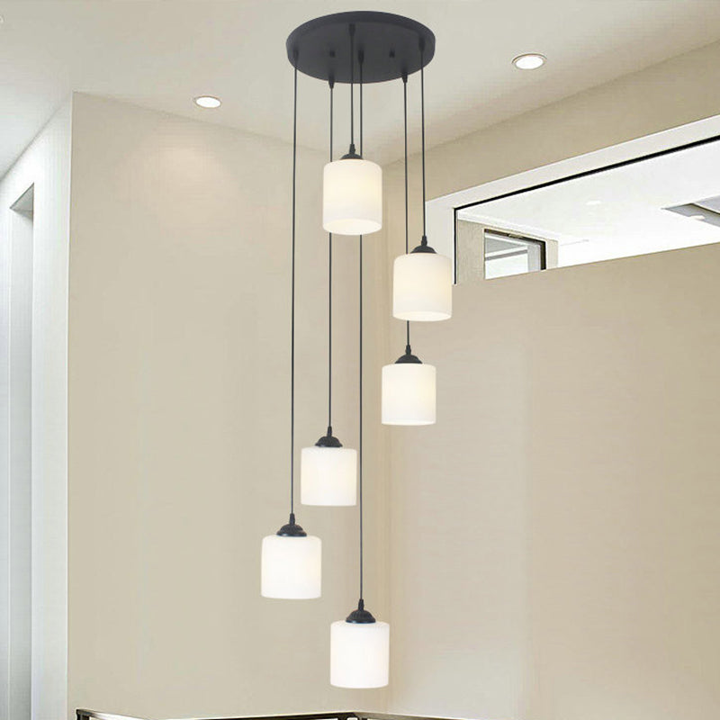 Opal Glass Modern Cylinder Pendant Light With Black Canopy For Stairs