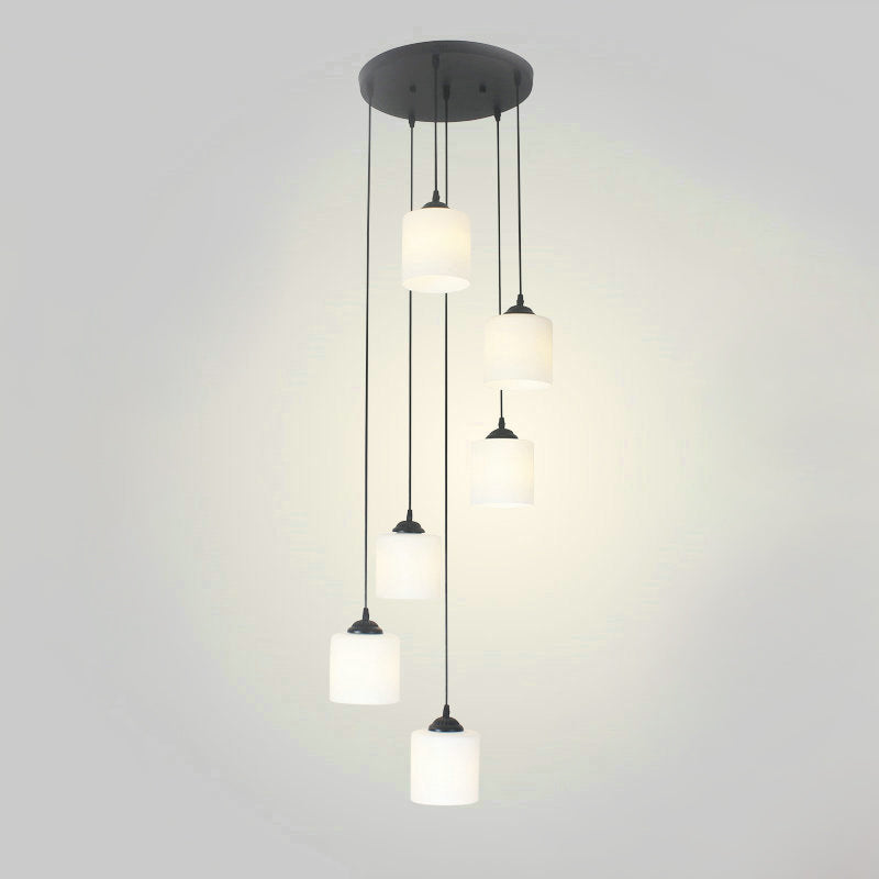 Opal Glass Modern Cylinder Pendant Light With Black Canopy For Stairs