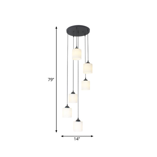 Opal Glass Modern Cylinder Pendant Light With Black Canopy For Stairs