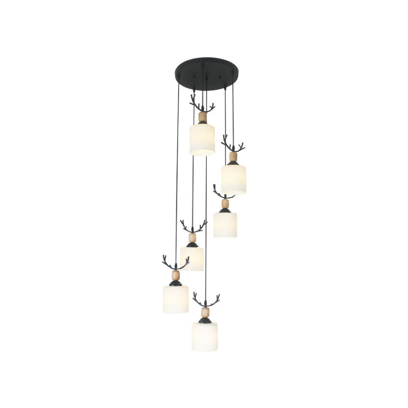 Opal Glass Modern Cylinder Pendant Light With Black Canopy For Stairs