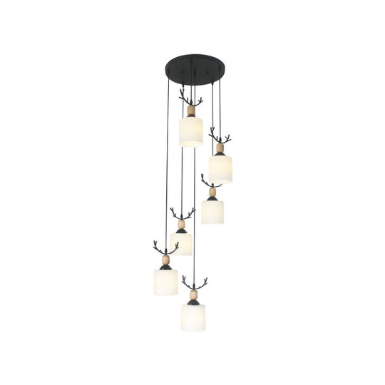 Opal Glass Stairs Pendulum Light: Modernist Cylinder Cluster Pendant In Black