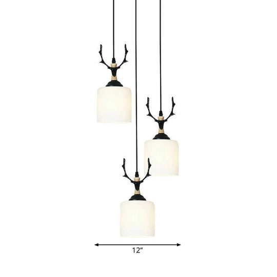 Opal Glass Stairs Pendulum Light: Modernist Cylinder Cluster Pendant In Black
