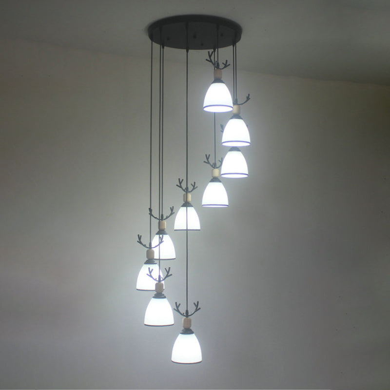 Contemporary Dome Stairs Swirl Pendant Light In Black With Opal Glass Accent Stylish Hanging