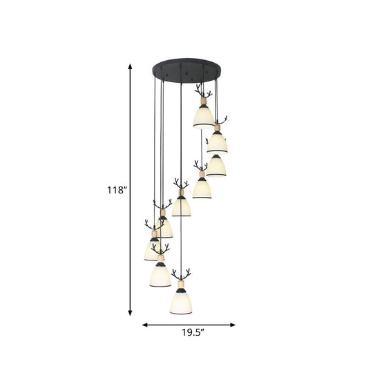 Contemporary Dome Stairs Swirl Pendant Light In Black With Opal Glass Accent Stylish Hanging