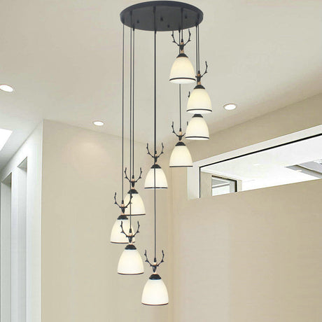 Contemporary Dome Stairs Swirl Pendant Light In Black With Opal Glass Accent Stylish Hanging