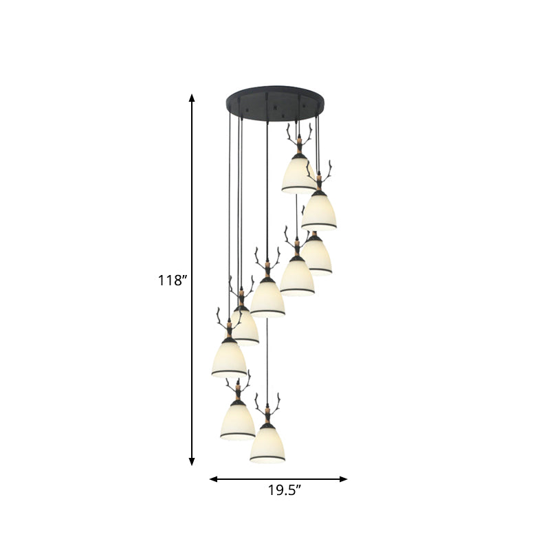 Contemporary Dome Stairs Swirl Pendant Light In Black With Opal Glass Accent Stylish Hanging