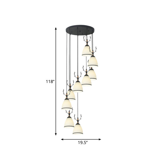 Contemporary Dome Stairs Swirl Pendant Light In Black With Opal Glass Accent Stylish Hanging