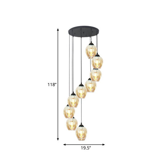 Modern Black Ceiling Lamp: 9-Head Corridor Multi Light Pendant With Dimpled Glass Shades
