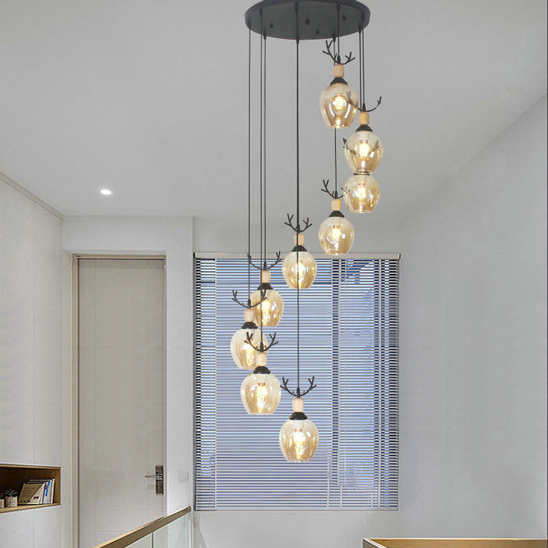Modern Black Ceiling Lamp: 9-Head Corridor Multi Light Pendant With Dimpled Glass Shades 9 / Cognac