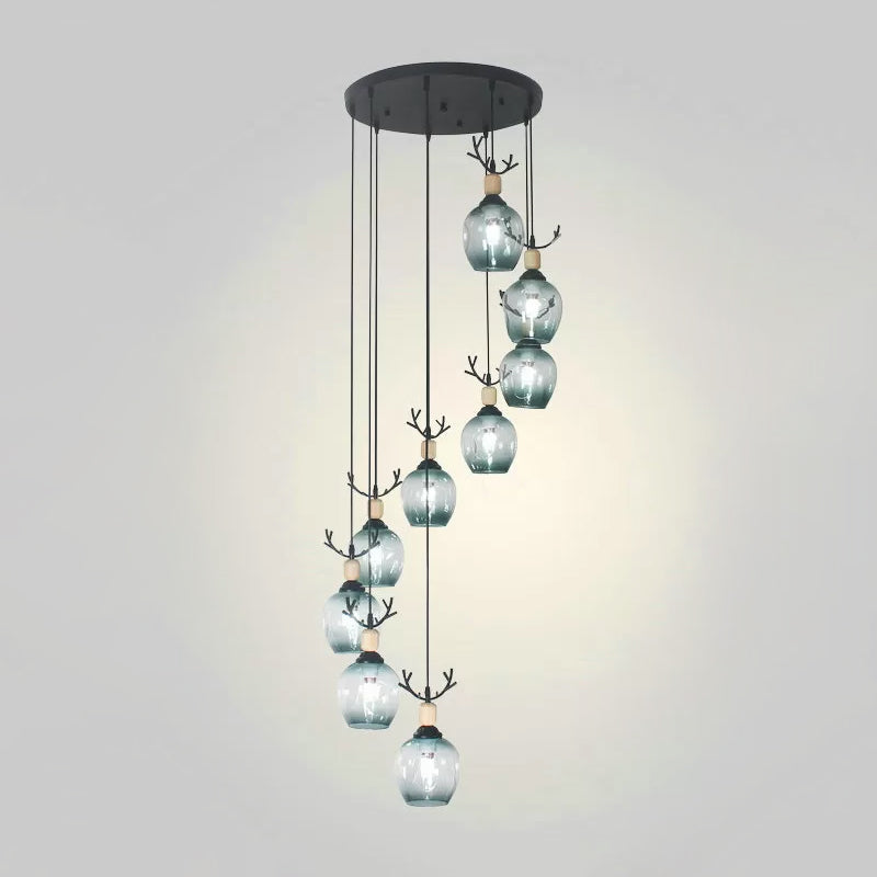 Modern Black Ceiling Lamp: 9-Head Corridor Multi Light Pendant With Dimpled Glass Shades