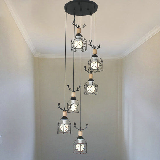 Modernist Black Hexagon Cage Pendant Lamp With Spiral Metal Design 6 / B