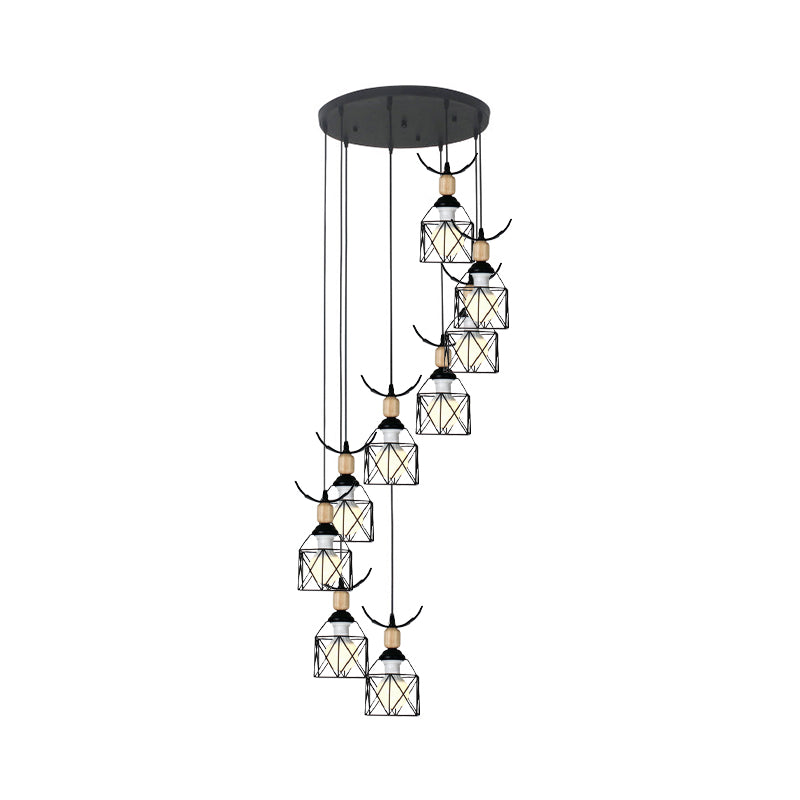 Modernist Black Hexagon Cage Pendant Lamp With Spiral Design - Metal Multiple Hanging Light
