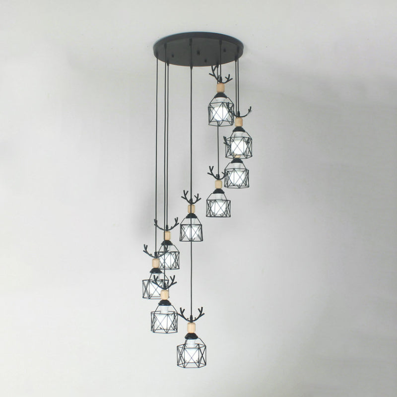 Modernist Black Hexagon Cage Pendant Lamp With Spiral Design - Metal Multiple Hanging Light