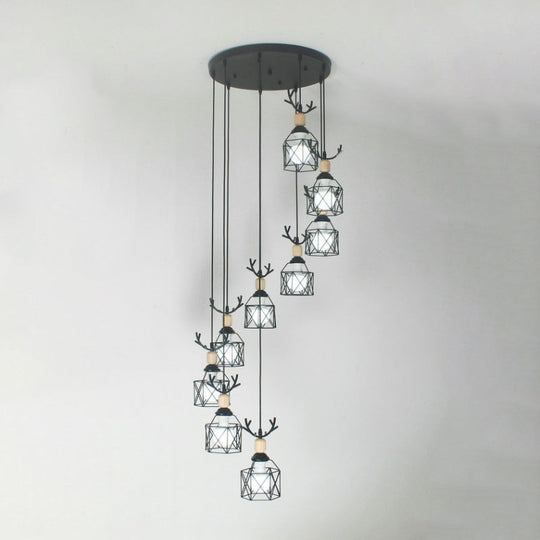 Modernist Black Hexagon Cage Pendant Lamp With Spiral Design - Metal Multiple Hanging Light