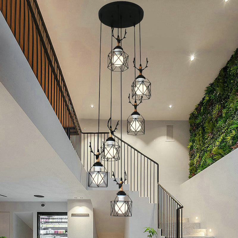 Modernist Black Hexagon Cage Pendant Lamp With Spiral Metal Design