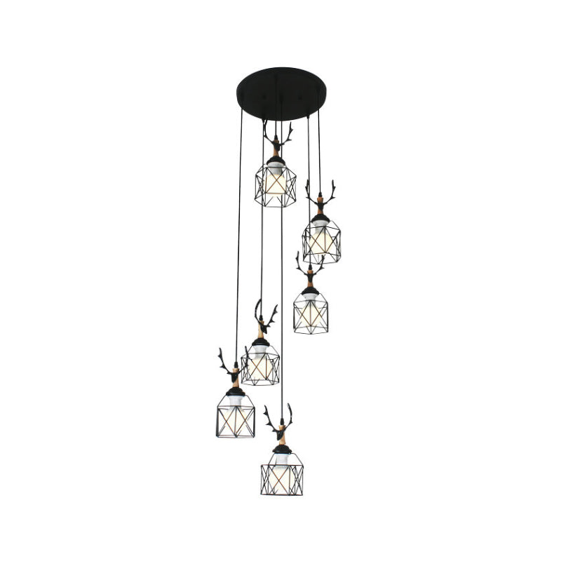 Modernist Black Hexagon Cage Pendant Lamp With Spiral Design - Metal Multiple Hanging Light